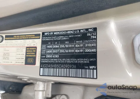 2012 Mercedes-Benz Ml 350 4Matic z USA, uszkodzony, nr VIN 4JGDA5HB5CA090936